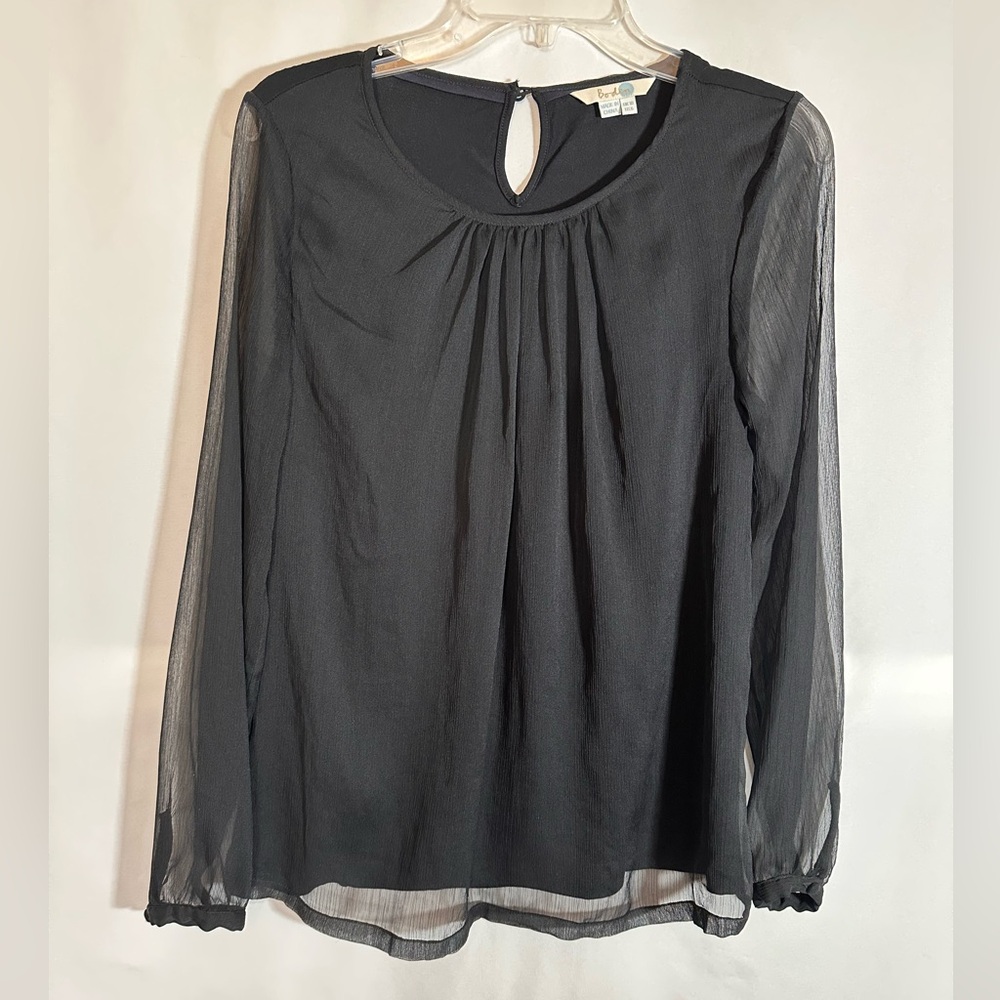 Boden Black Sheer Chiffon High Neck‎ Long Sleeve Blouse Pleated Neckline Size 6